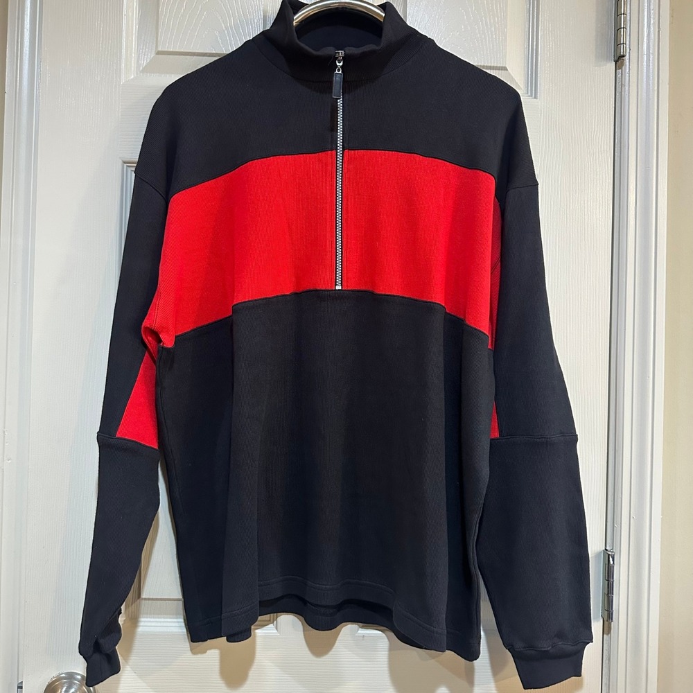 Compass 100% Cotton Quarter Zip Pullover Black Red Colorblock‎ Mens Large L